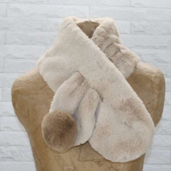 EYEFUL Wrap Faux Fur Scarf Muffler Short Collar Pom Pom Neutral Cream Tan - Picture 1 of 11